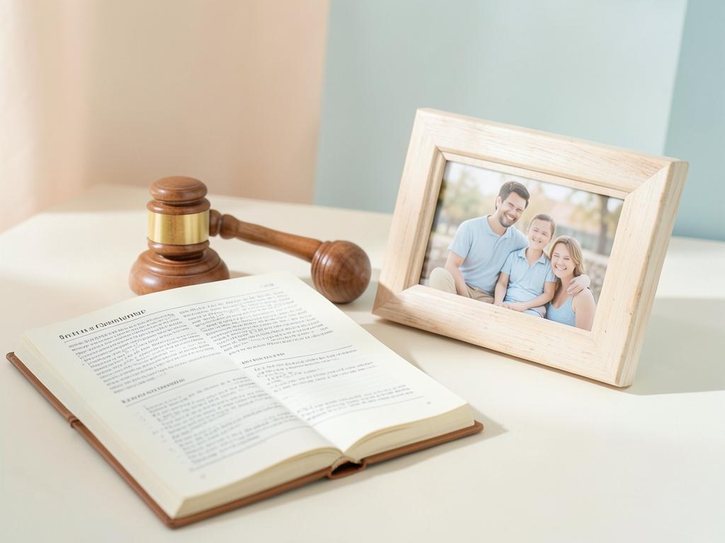 Livro aberto, martelo e porta-retratos familiares, representando psicologia jurídica